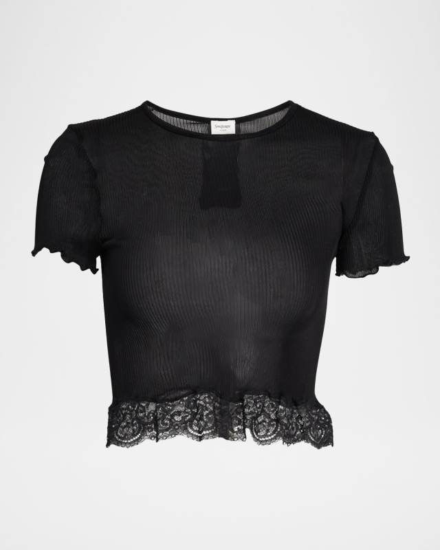 Lace-Trim Short-Sleeve Crop T-Shirt